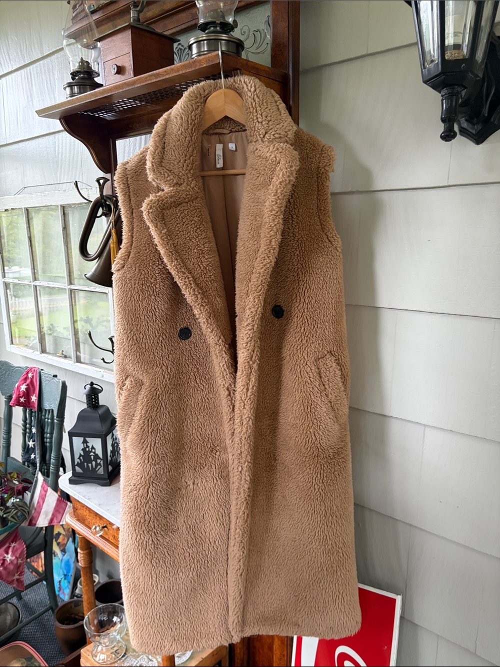 Elan Camel Faux Shearling Long Vest with Lapel